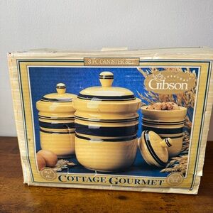 Vintage Gibson Everyday Cottage Gourmet 3 Pc Ceramic Canister Set-Yellow & Blue